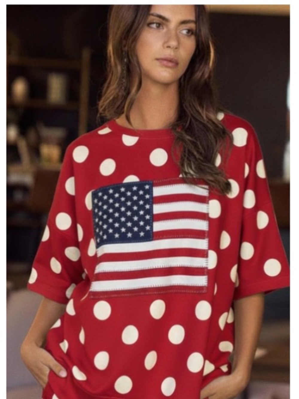 L6-❤️🇺🇸⚪️ (SHIPPED) Red Polka Dot Short Sleeve Tee with Flag Patch